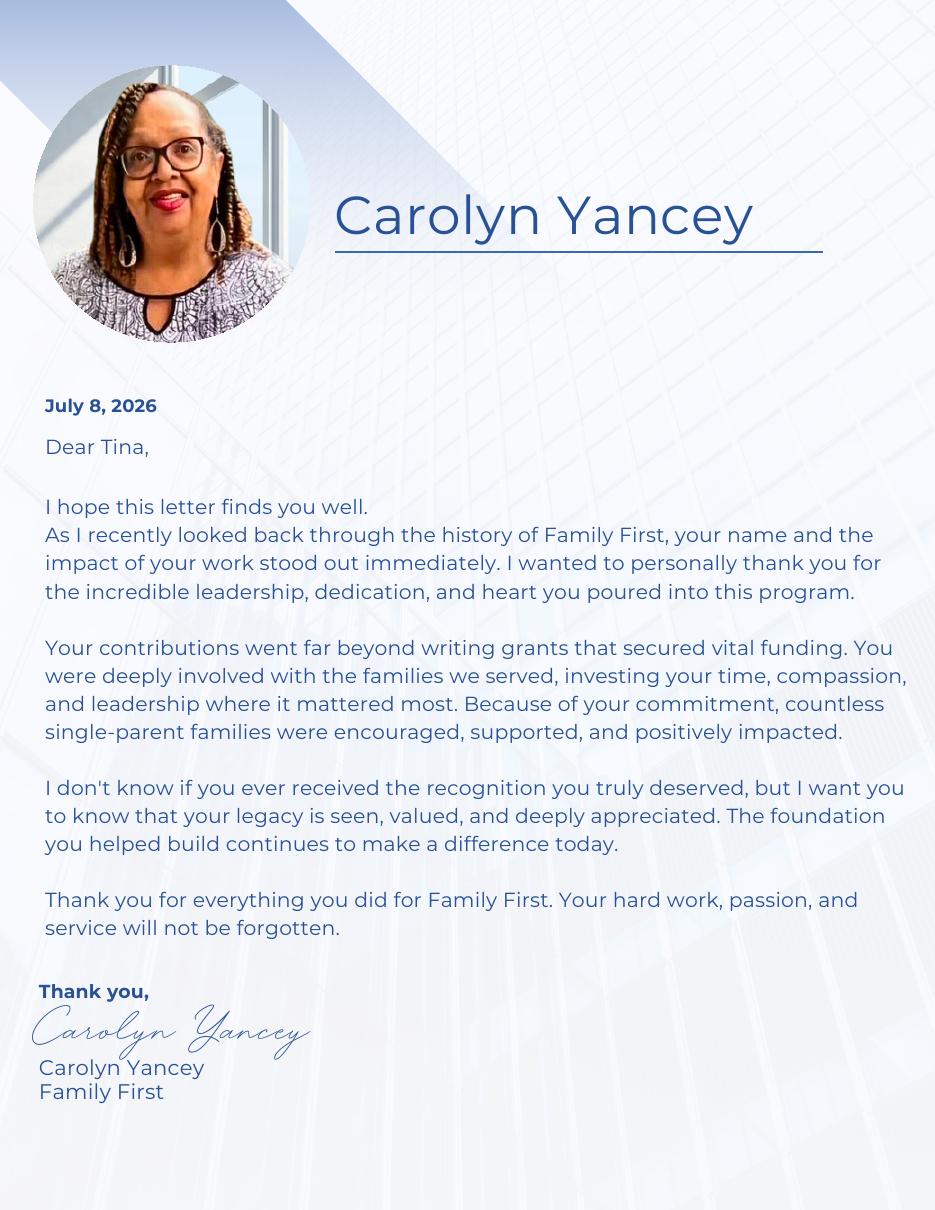 First page of the July 8, 2026 Family First letter of appreciation from Carolyn Yancey addressed to Tina J. Wheeler.