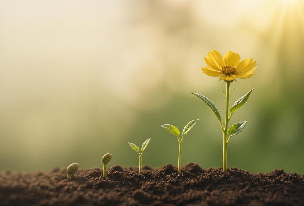 A yellow flower blooming above progressive green seedlings in warm sunlight