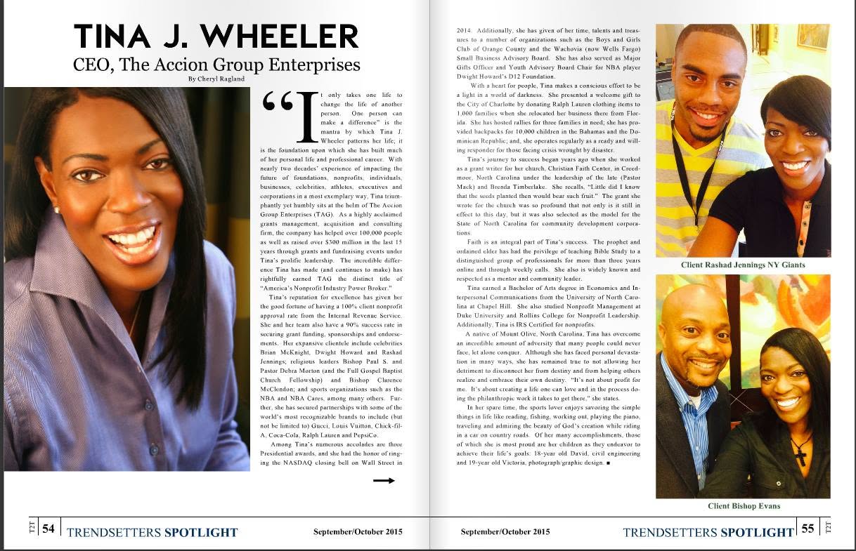 Two-page Trendsetters Spotlight magazine feature profiling Tina J. Wheeler and her professional work.