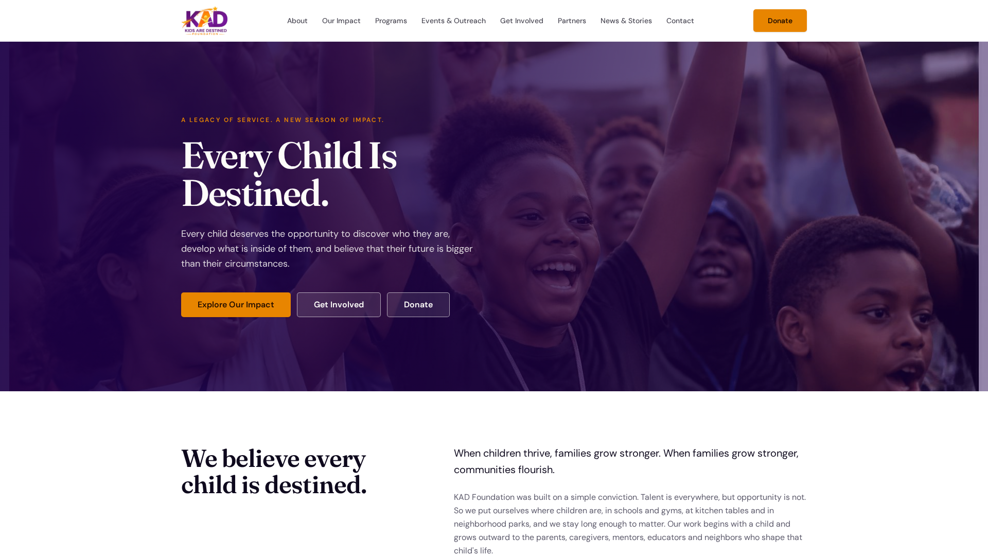 KAD Foundation website shown in a desktop browser frame.
