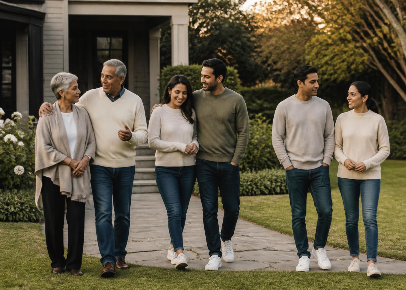 Three generations of a family walking together outside their home
